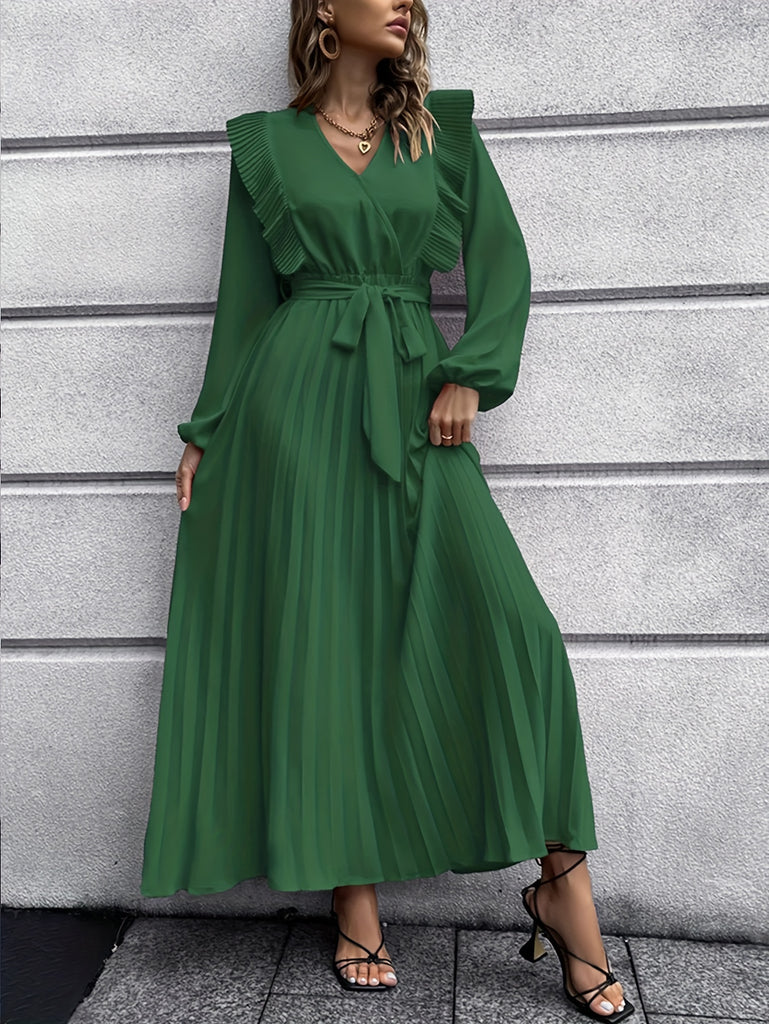 elveswallet  Ruffle Trim Pleated Dress, Elegant Solid Long Sleeve Maxi Dress, Women's Clothing