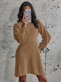 Solid Crew Neck Knitted Dress, Casual Long Sleeve Dress For Fall & Winter, Women's Clothing