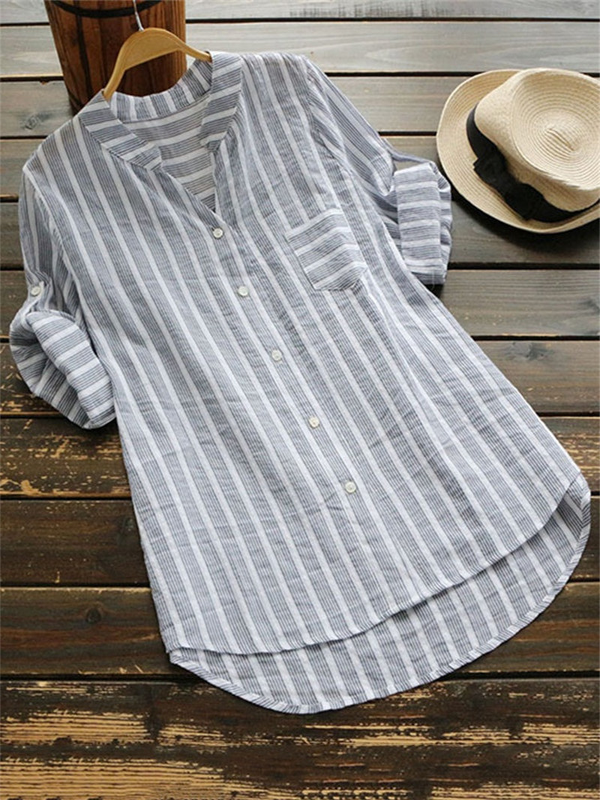 Striped Women's 3/4 Sleeve Button Down Linen Shirts