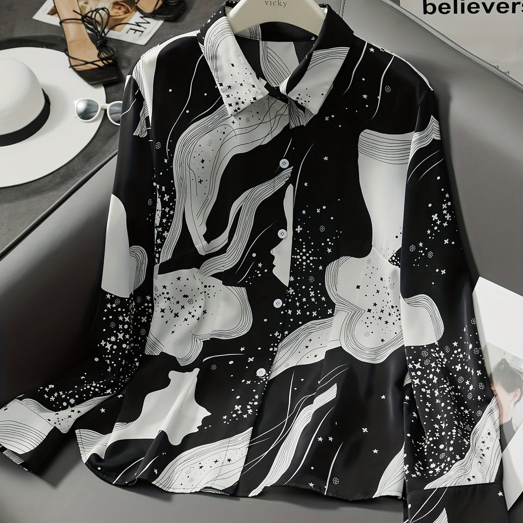 elveswallet  Plus Size Casual Blouse ,women's Plus Geometric Print Long Sleeve Polo Neck Blouse