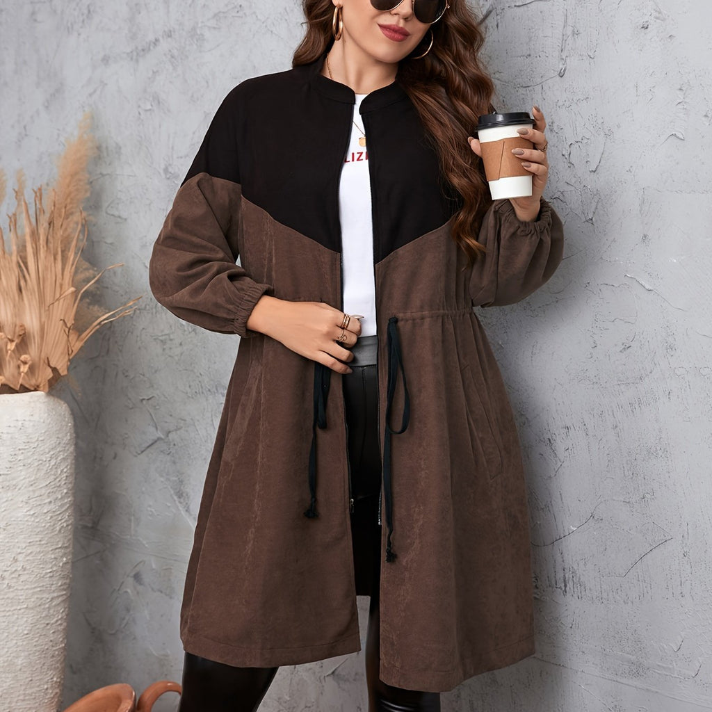Plus Size Colorblock Lantern Sleeve Drawstring Long Coat, Women's Plus Casual Zipper Coat