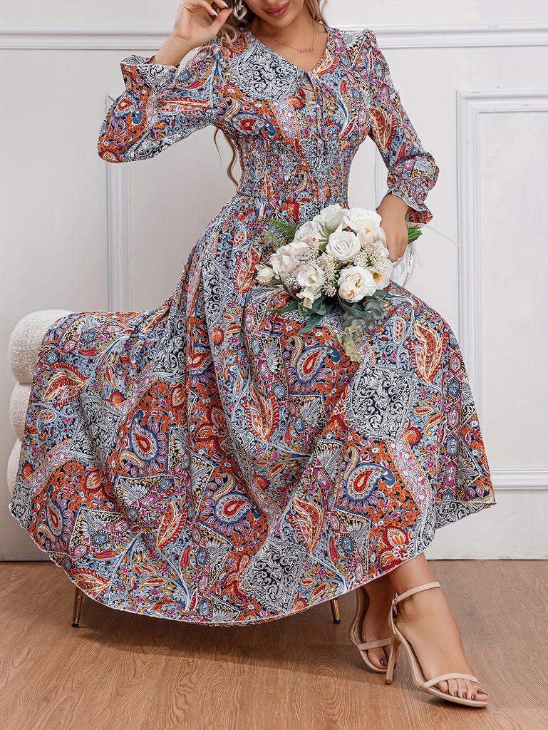 elveswallet  Paisley Print Tie Front Dress, Boho Shirred Long Sleeve Maxi Dress, Women's Clothing