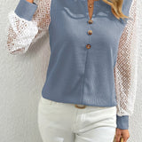elveswallet  Contrast Lace Notched Neck Blouse, Casual Long Sleeve Blouse With Buttons, Women's Clothing