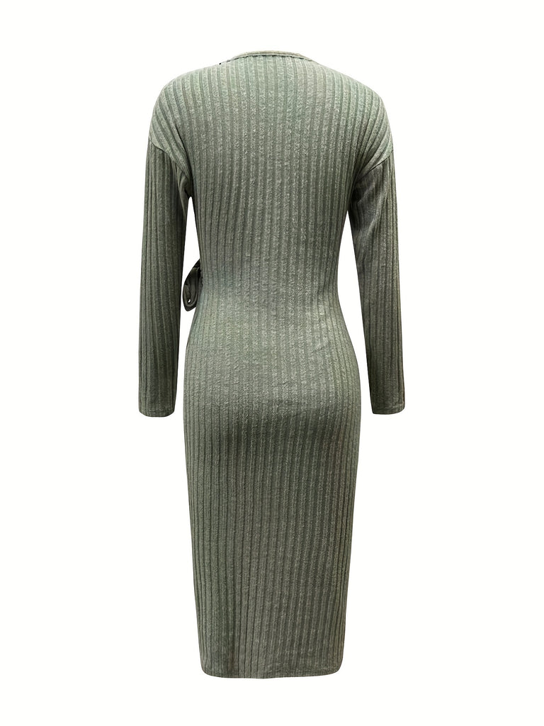 elveswallet  Ribbed Knotted Dress, Elegant V Neck Long Sleeve Bodycon Dress, Women's Clothing