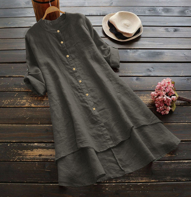 Casual Crew Neck Button-Down Long Type Linen Shirts