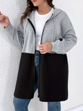 Plus Size Casual Coat, Women's Plus Colorblock Hooded Drawstring Zipper Long Sleeve Longline Coat