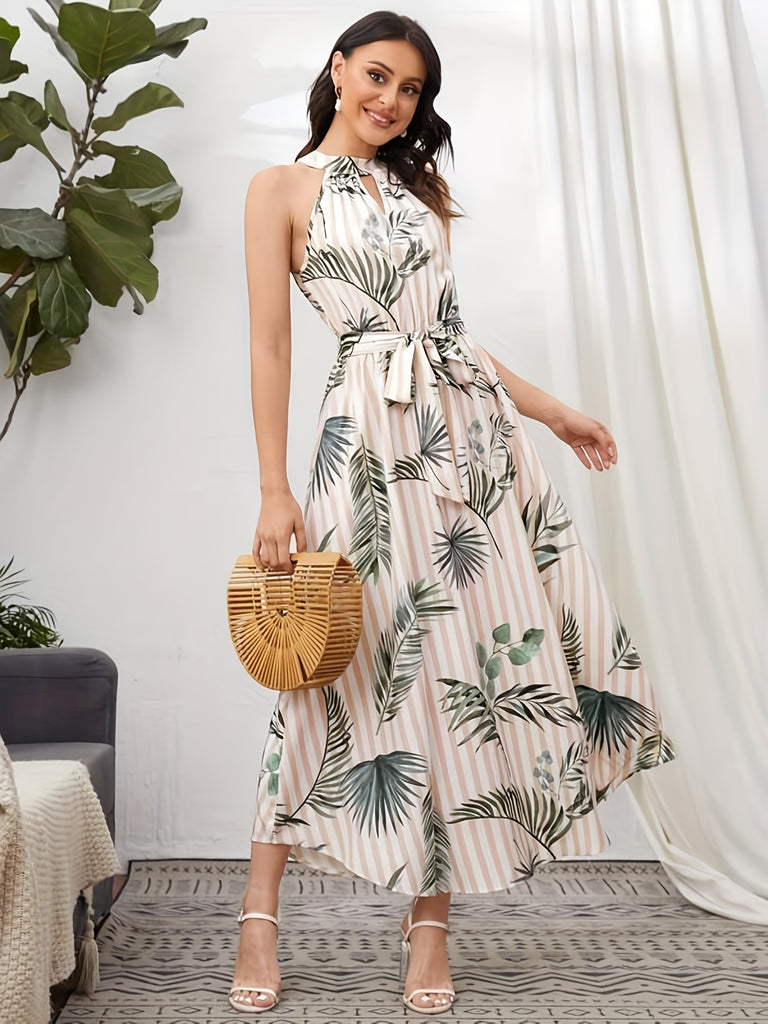 Striped & Leaf Print Halter Dress, Elegant Sleeveless Tie Waist Dress, Women's Clothing