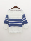 elveswallet  Plus Size Casual Sweater, Women's Plus Colorblock Stripe Print Lantern Sleeve Round Neck Hollow Out Jumper