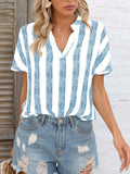 elveswallet  Stripe Print V Neck Blouse Top, Casual Short Sleeve Tops, Women's Clothing