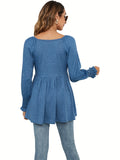 Ruffle Trim Solid T-shirt, Casual V Neck Lantern Sleeve T-shirt For Spring & Fall, Women's Clothing
