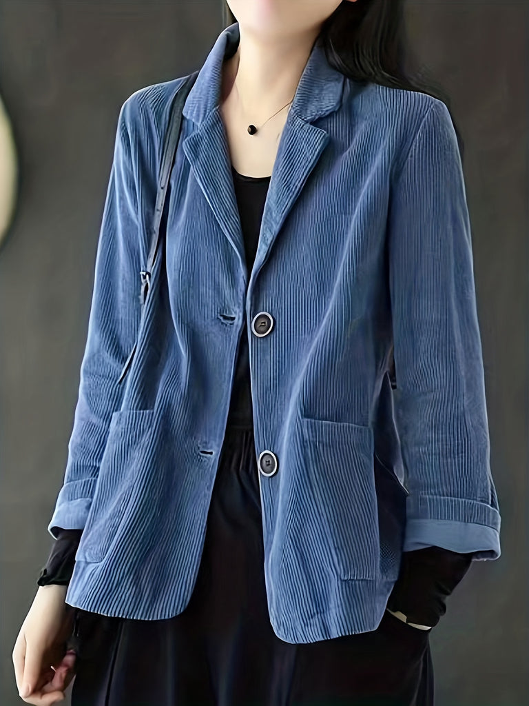 Solid Button Front Jacket, Casual Long Sleeve Pocket Front Outerwear, Women's Clothing