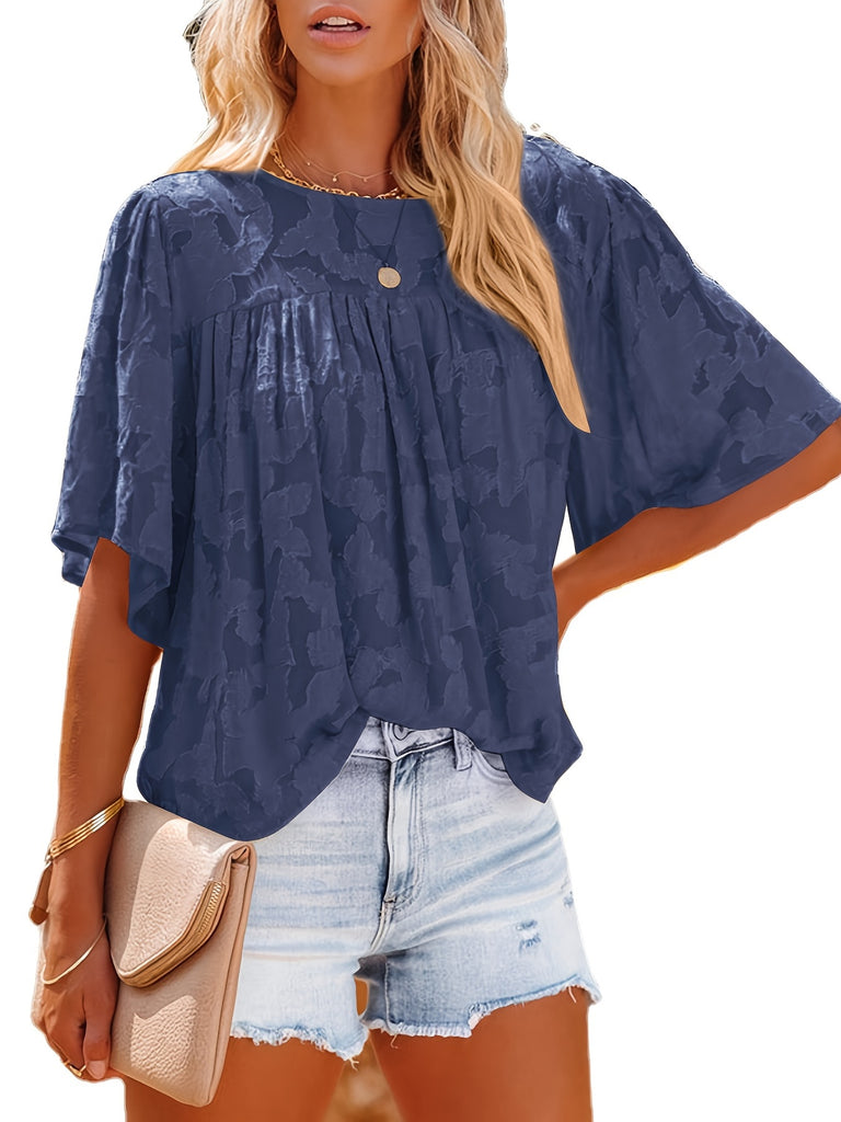 elveswallet  Casual Lace Flare Sleeve Blouse, Short Sleeve Crew Neck Solid Blouse, Casual Every Day Tops, Women's Clothing