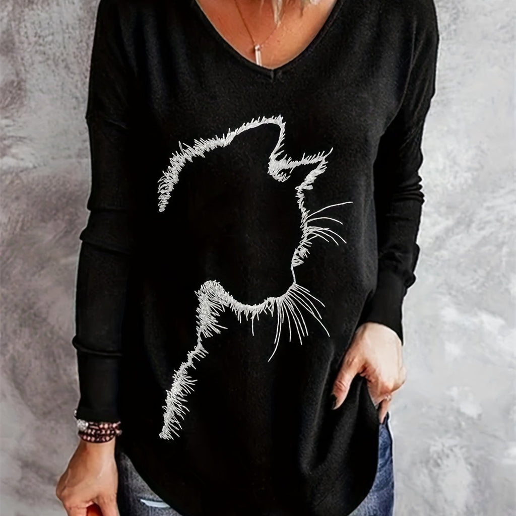 Plus Size Casual T-shirt, Women's Plus Cat Print Long Sleeve V Neck Slight Stretch Top