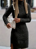 elveswallet  Cable Knit Sweater Dress, Elegant Turtleneck Long Sleeve Dress, Women's Clothing