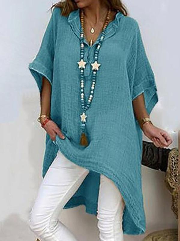 Plain Asymmetric Three-Quarter Sleeve Long Blouse