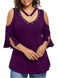 elveswallet  Plus Size V Neck Cold Shoulder Ring Decor T-shirt, Women's Plus Casual Medium Stretch Tee