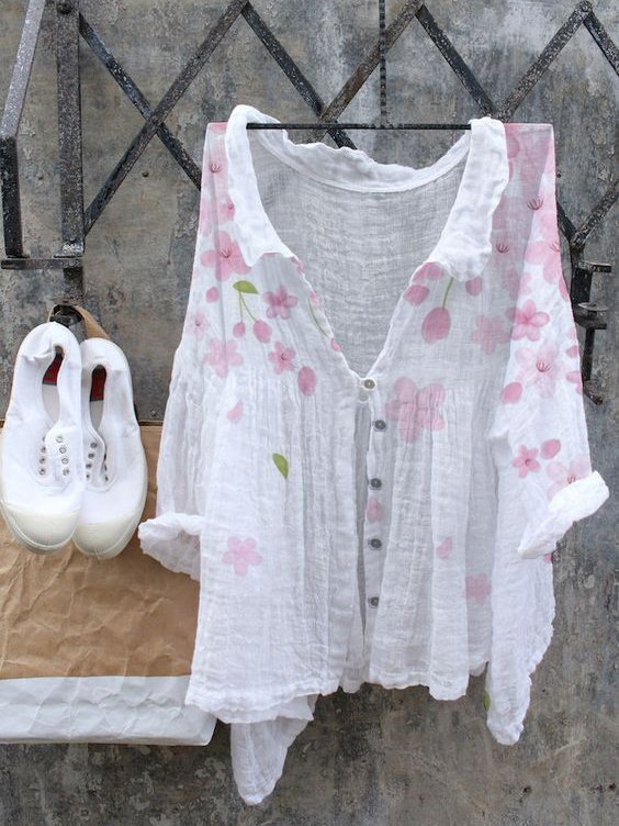 Ladies Casual Floral Print Cotton Linen Top