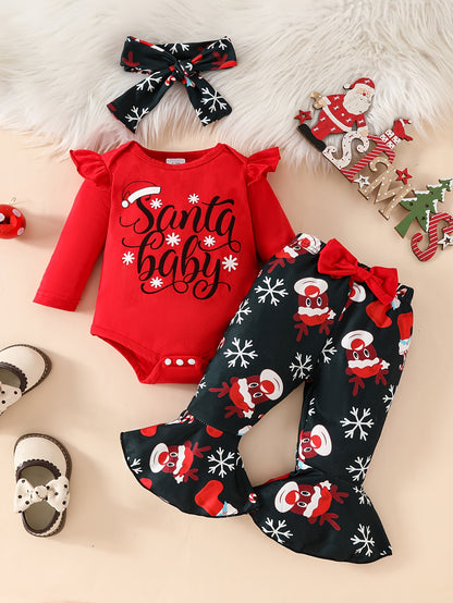 2pcs Baby's THE BABY WHO STOLE CHRISTMAS Print Bodysuit + Hairband + Bow Decor Bell-bottom Pants, Toddler & Infant Girl's Clothing Set, Outdoor Cloth