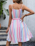 elveswallet  Striped Belted Cami Dress, Random Print Sleeveless Casual Dress For Summer & Spring, Women's Clothing