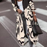 Abstract Print Long Length Jacket, Casual Button Front Long Sleeve Outerwear, Women's Clothing