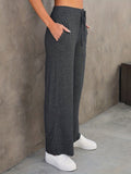 elveswallet  Plus Size Casual Pants, Women's Plus Solid Elastic Drawstring High Rise Medium Stretch Loose Straight Leg Pants