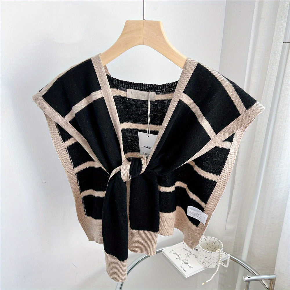 Classic Striped Knitted Shawl Elegant Warm Wrap Long Sleeve Lace Up Cape Causal Windproof Shawls False Collar For Women
