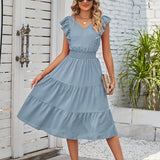 Shirred Waist Ruffle Hem Dress, Casual V-neck Dress For Spring & Summer, Women's Clothing