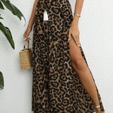 elveswallet  Leopard Print Wide Leg Pants, Side Slit Casual Pants For Summer & Spring, Women's Clothing