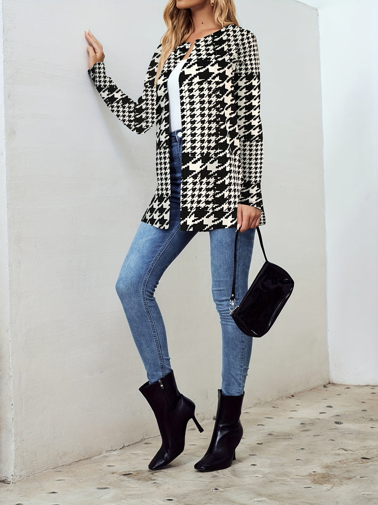 elveswallet  Houndstooth Print Open Front Jacket, Casual Long Sleeve Versatile Outerwear, Women's Clothing