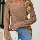 elveswallet  Squared Neck Rib Knit Sweater, Casual Long Sleeve Solid Sweater, Women's Clothing