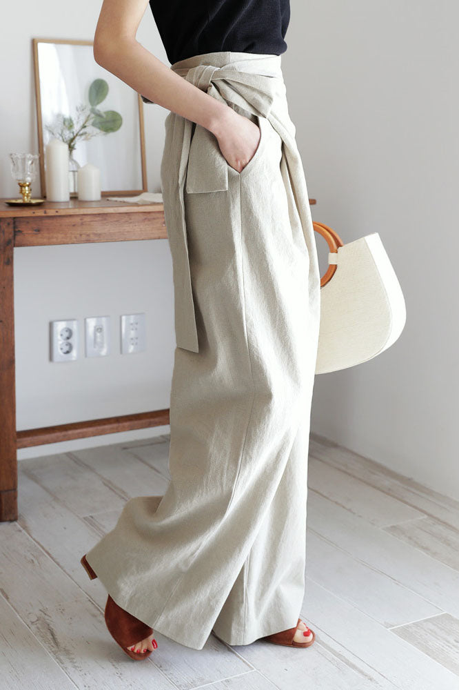 elveswallet Cotton and Linen Asymmetrical Belt Design Wide-Leg Pants