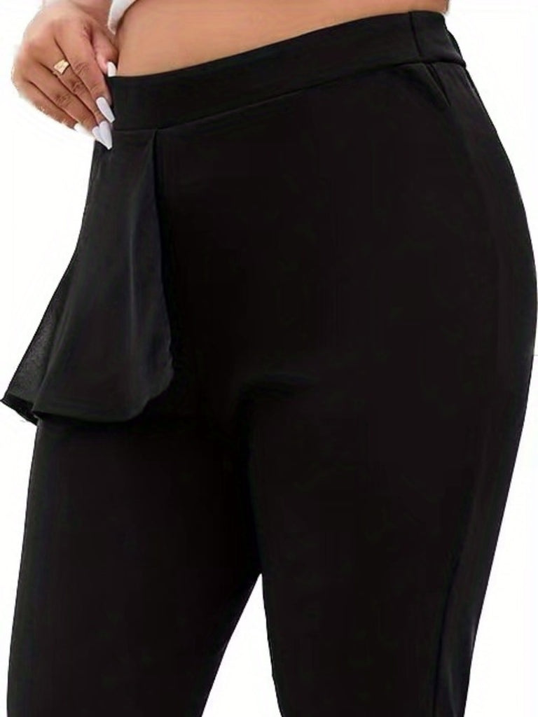 Plus Size Casual Pants, Women's Plus Solid Contrast Mesh High Rise Medium Stretch Flared Leg Pants