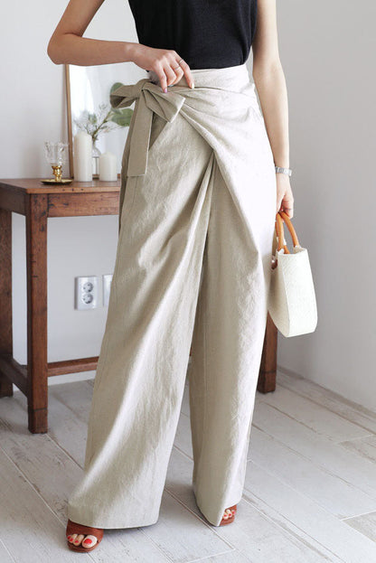 elveswallet Cotton and Linen Asymmetrical Belt Design Wide-Leg Pants