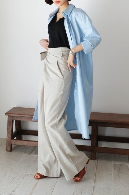 elveswallet Cotton and Linen Asymmetrical Belt Design Wide-Leg Pants