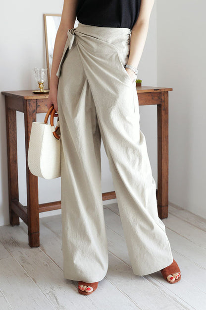 elveswallet Cotton and Linen Asymmetrical Belt Design Wide-Leg Pants