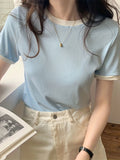 elveswallet  Crew Neck Slim T-shirt, Casual Color Block Short Sleeve Summer T-Shirts Tops, Women's Clothing