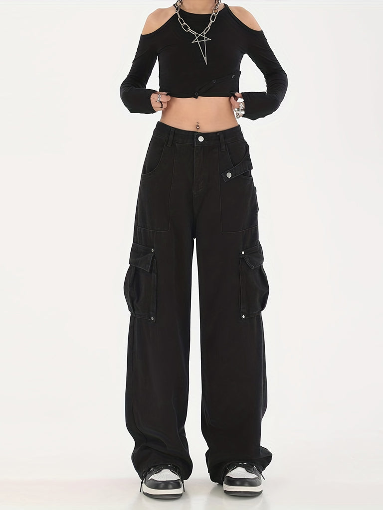 elveswallet  Black Flap Pockets Cargo Pants, Loose Fit Non-Stretch Straight Jeans, Y2K & Kpop Style, Women's Denim Jeans & Clothing