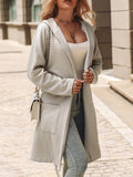 Plus Size Casual Coat, Women's Plus Solid Jacquard Long Sleeve Hoodie Open Front Longline Coat