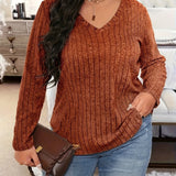 Plus Size Casual T-shirt, Women's Plus Ribbed Solid Long Sleeve V Neck Slight Stretch Top