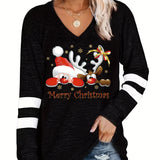 elveswallet  Plus Size Christmas T-shirt, Women's Plus Santa Claus & Deer & Slogan Print Long Sleeve V Neck Medium Stretch T-shirt