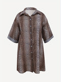 elveswallet  Plus Size Casual Blouse, Women's Plus Leopard Print Button Up Roll Up Sleeve Turn Down Collar Oversized Blouse