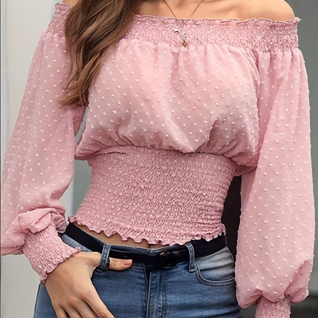 elveswallet  Textured Off-shoulder Shirred Blouse, Casual Lantern Sleeve Blouse For Spring & Fall, Women's Clothing