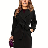 Lapel Neck Belted Coat, Elegant Long Sleeve Coat For Fall & Winter, Women's Clothing