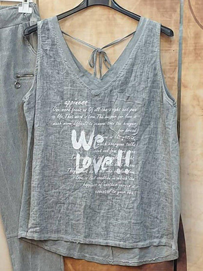 Gray Letter Sleeveless Spaghetti Casual Suits