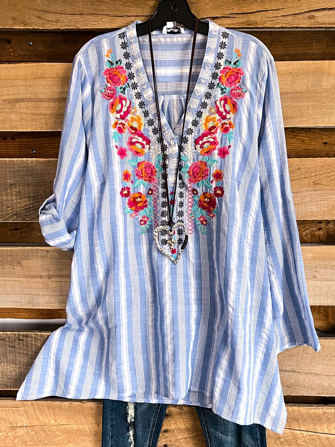 Embroidered Long Sleeve Stripe Casual Top