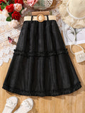 elveswallet  Girls' Skirts High Waist Belted Smocked Hem A-line Long Skirt For Party Going Out
