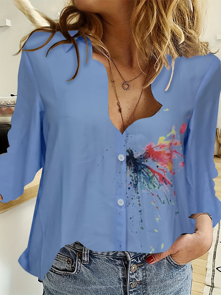 kkboxly  Dragonfly Print Shirt, Casual Button Front Long Sleeve Shirt With A Collar, Women's Clothing