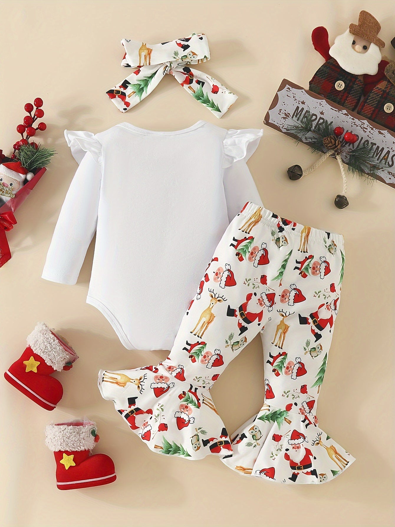 2pcs Baby's THE BABY WHO STOLE CHRISTMAS Print Bodysuit + Hairband + Bow Decor Bell-bottom Pants, Toddler & Infant Girl's Clothing Set, Outdoor Cloth