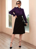 elveswallet  Tie Front Ruffle Trim Blouse, Elegant Solid Long Sleeve Blouse, Women's Clothing