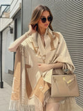 Plus Size Elegant Coat, Women's Plus Letter Print Tassel Trim Batwing Sleeve Open Front Shawl Coat